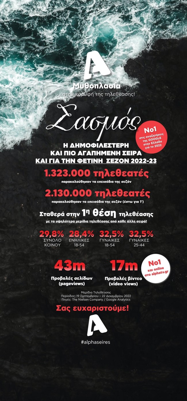 H μυθοπλασία του ALPHA στην κορυφή της τηλεθέασης το πρώτο τρίμηνο της σεζόν