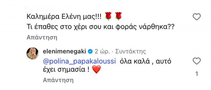 Η Ελένη Μενεγάκη απαντά για τον νάρθηκα στο χέρι της