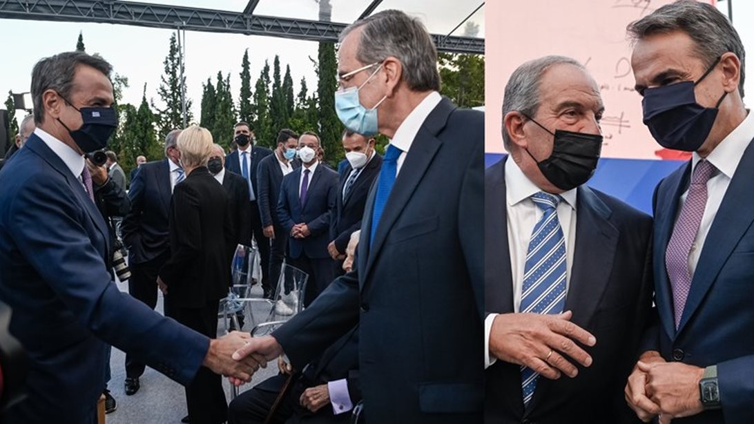 47 χρόνια ΝΔ: Η χειραψία Μητσοτάκη με Σαμαρά και το τετ-α-τετ του πρωθυπουργού με τον Κώστα Καραμανλή