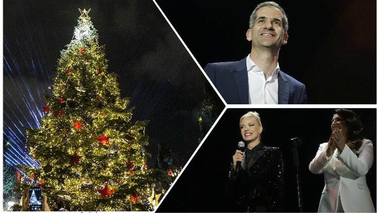 Χριστούγεννα στην Αθήνα: Η λαμπερή φωταγώγηση του Χριστουγεννιάτικου δέντρου στο Σύνταγμα υπό βροχή με stars επί σκηνής